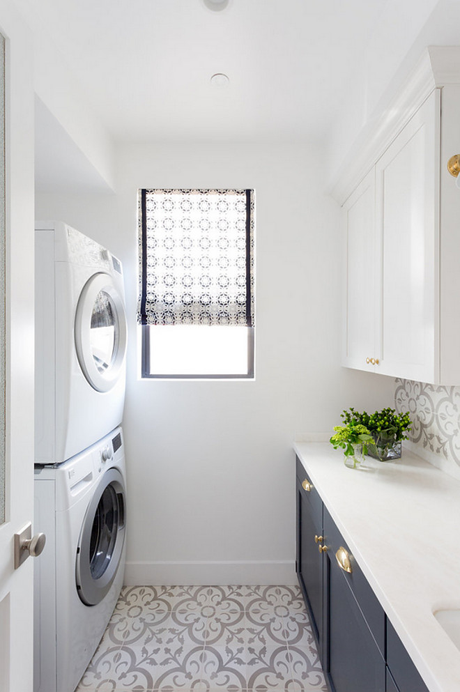 Laundry room with grey cement tile. Laundry room with grey cement tile and dark navy lower cabinets. Laundry room with grey cement tile and two toned cabinets. #Laundryroom #greycementtile #cementtile Denton Developments