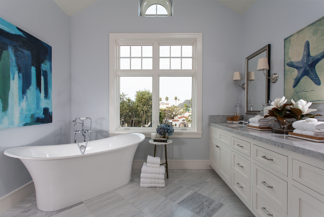 Light blue bathroom. Light blue bathroom. Light Blue Bathroom Paint Color: "Restoration Hardware Atmosphere". Cabinet: Shaker cabinets painted in "RH Right White". Light blue bathroom. Light blue bathroom. Light blue bathroom #Lightbluebathroom Brandon Architects, Inc.