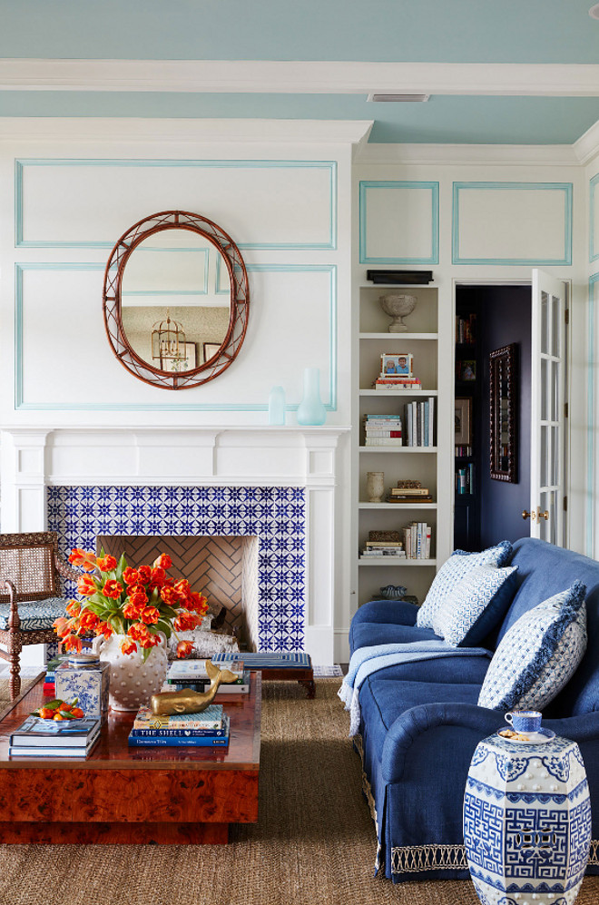 Moroccan Tile. Blue and White Moroccan Tile framing fireplace. Blue and white Moroccan tile is from Mosaic House. #MoroccanTile #BlueandWhiteTile #BlueandWhiteMoroccanTile #MoroccanTile Andrew Howard Interior Design