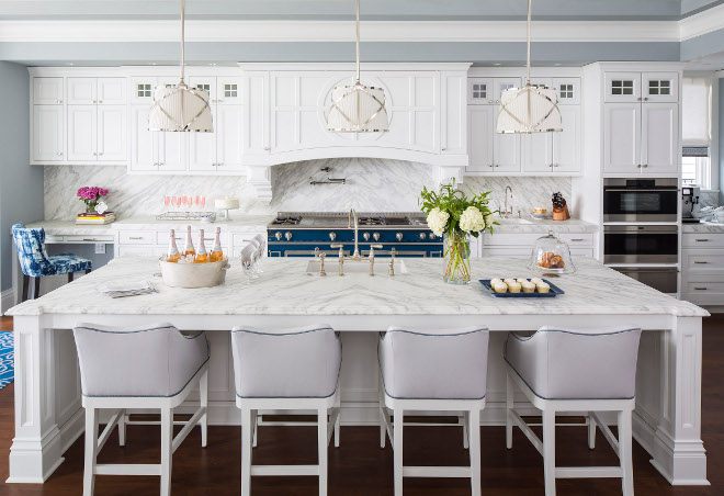 Coastal White Kitchen with Turquoise Island - Home Bunch Interior