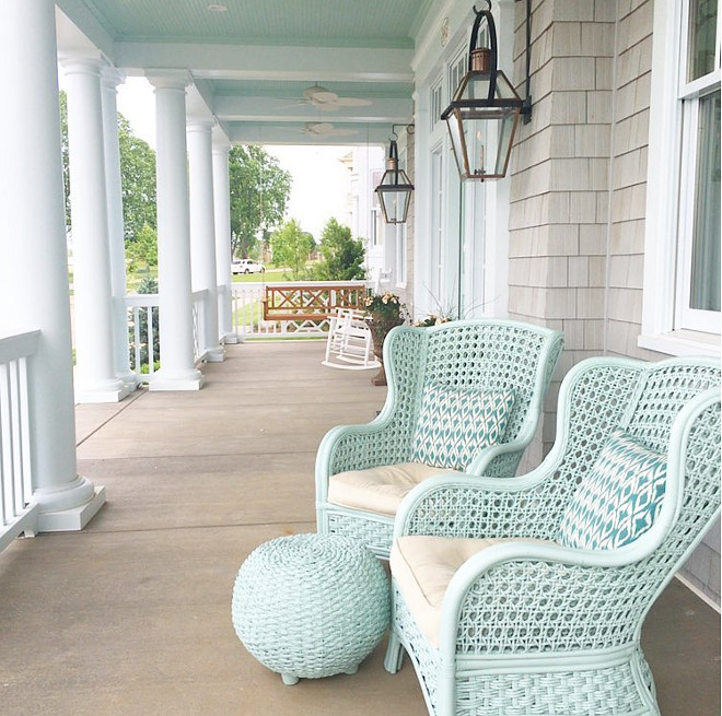 Painted Outdoor Furniture: The designer bought the chairs at Pier One a few years ago, and then painted them. They were dark brown, but they look so much prettier in Aqua. The furniture was painted in Sherwin Williams Waterscape in semi gloss. #Paintedfurniture #Paintedpatiofurniture #SherwinWilliamsWaterscape Artisan Signature Homes. Interiors by Gretchen Black.