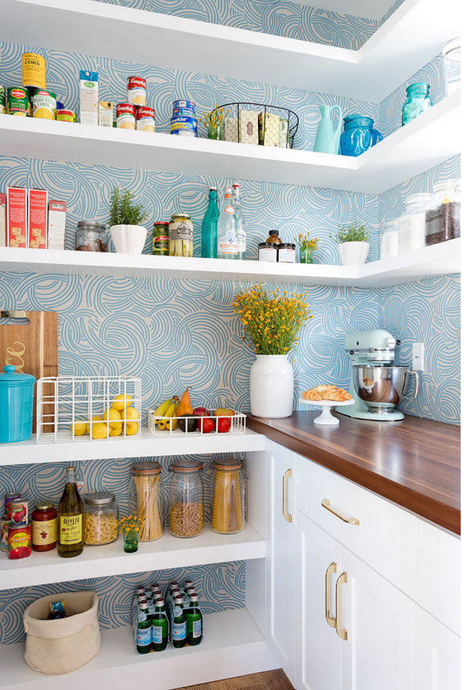Pantry Wallpaper. Pantry with turquoise Wallpaper. Wallpaper is Farrow and Ball. #Pantry #Wallpaper Denton Developments