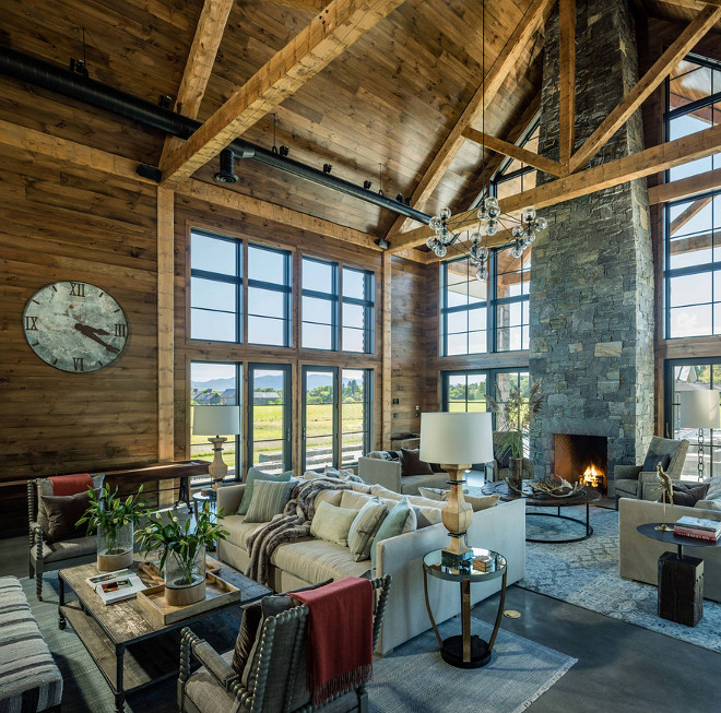 Rustic barn with barnwood shiplap, black pane glass sliding doors and concrete floors. #Rusticbarn #barn #rustic #rusticinteriors #barnwoodshiplap #shiplap #concretefloors Roundtree Construction. TruexCullins Architecture + Interior Design