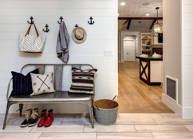 Shiplap Mudroom off kitchen. Shiplap Mudroom off kitchen with ceramic floor tile. Shiplap Mudroom off kitchen #Shiplap #Mudroom Timberidge Custom Homes