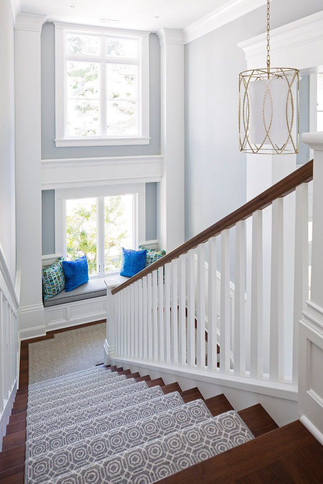 Stairway runner. Stairway features custom runner and window seat. Stairway runner. Stairway custom runner and window seat ideas. The stairway runner is Zb Lenz - Desert Night SKU: b05-dnit-bouc0216 by Stark. #Stairwayrunner #Stairway #runner #Stairwaywindowseat #windowseat Martha O'Hara Interiors