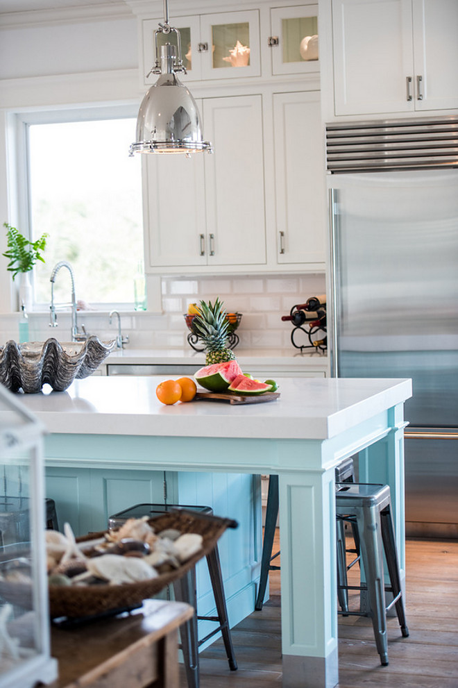 Coastal White Kitchen with Turquoise Island - Home Bunch Interior ...
