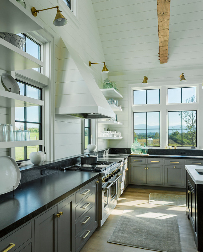 Two Toned Kitchen. Two toned grey and white kitchen. Two toned kitchen with grey lower cabinets and white shiplap hood and white open shelves. Shiplap hood #TwotonedKitchen #twotoned #greyandwhitekitchen #kitchen #greylowercabinets #whiteshiplaphood #shiplaphood #openshelves #shiplap Roundtree Construction. TruexCullins Architecture + Interior Design