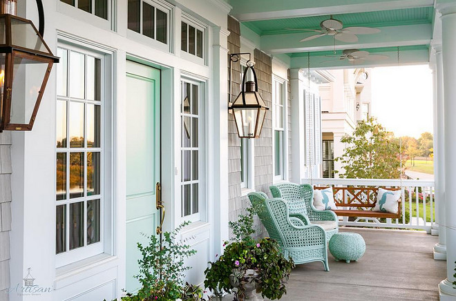 Waterscape by Sherwin Williams. Turquoise Front Door, Turquoise Ceiling Porch and Turquoise Porch Chairs are painted in Waterscape by Sherwin Williams #Turquoise #Turquoisepaintcolor #aquapaintcolor #WaterscapeSherwinWilliams #TurquoiseFrontDoor #TurquoiseCeilingPorch #TurquoisePorchChairs #WaterscapebySherwinWilliams Artisan Signature Homes. Interiors by Gretchen Black.