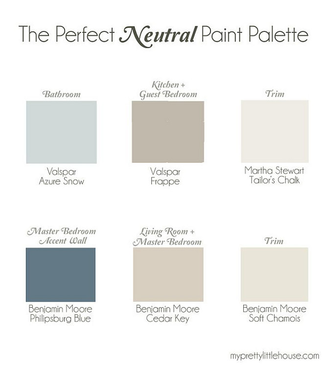 Whole House Neutral Color Palette. Whole House Neutral Paint Colors. Bathroom Paint Color Valspar Azure Snow. Kitchen and Bedroom Paint Color Valspar Frappe. Trim Piant Color Martha Stewart Tailor's Chalk. Master Bedroom Accent Wall Paint Color Benjamin Moore Philipsburg Blue. Living room Paint Color Benjamin Moore Cedar Key. Trim Paint Color Benjamin Moore Soft Chamois#WholeHouseNeutral #WholeHouseColorPalette #NeutralColorPalette