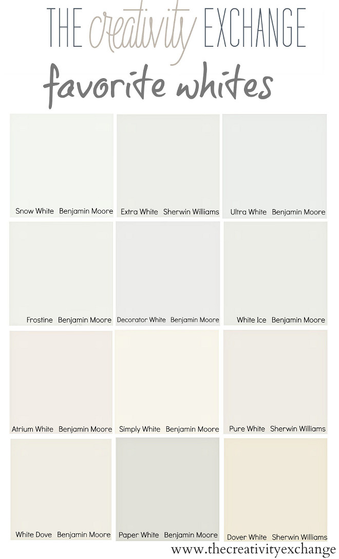Best Selling White Paint Colors. Snow White Benjamin Moore. Extra White Sherwin Williams. Ultra White Benjamin Moore. Frostine Benjamin Moore. Decorators White Benjamin Moore. White Ice Benjamin Moore. Atrium White Benjamin Moore. Simply White Benjamin Moore. Pure White Sherwin Williams. White Dove Benjamin Moore. Paper White Benjamin Moore. Dover White Sherwin Williams. #BestSellingWhites #PaintColors #BestSellingWhitePaintColors #SnowWhiteBenjaminMoore #ExtraWhiteSherwinWilliams #UltraWhiteBenjaminMoore #FrostineBenjaminMoore #DecoratorsWhiteBenjaminMoore #WhiteIceBenjaminMoore #AtriumWhiteBenjaminMoore #SimplyWhiteBenjaminMoore #PureWhiteSherwinWilliams #WhiteDoveBenjaminMoore #PaperWhiteBenjaminMoore #DoverWhiteSherwinWilliams The Creativity Exchange via Pinterest.