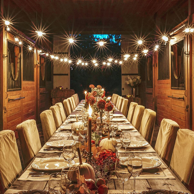 Barn Wedding Decor. Barn Wedding Decorating Ideas. Barn Wedding Decor. Farm tables are custom, chairs are from Pottery Barn, table setting from Juliska and string lights are from Target. #Barn #WeddingDecor Home Bunch's Beautiful Homes of Instagram @loveyourperch
