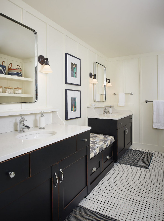 Bathroom with built in seat between vanities and board and batten wainscoting. Bathroom Ideas. Bathroom with built in seat between vanities and board and batten waisncoting #Bathroom #Bathroomseat #bathroomideas #builtinseat #vanities #boardandbatten #wainscoting Dwellings