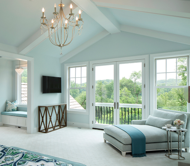 Bedroom Chandelier. Soothing light blue bedroom with silver leaf finish and Crystal Chandelier, Chandelier is Currey and Company 9890 Crystal - Six Light Small Chandelier, Silver Leaf Finish #CurreyandCo #CurreyandCompany #CrystalSixLightSmallChandelier #SilverLeaf #Chandelier Grace Hill Design