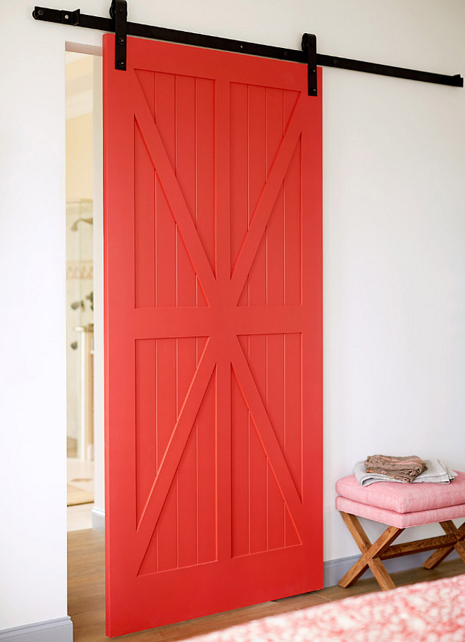 Benjamin Moore 1308 Red Parrot. The custom red barn door paint color is Benjamin Moore 1308 Red Parrot. Benjamin Moore 1308 Red Parrot #BenjaminMoore1308RedParrot #BenjaminMooreRedParrot #BenjaminMoore1308 #BenjaminMoorePaintColors Andrew Howard Interior Design