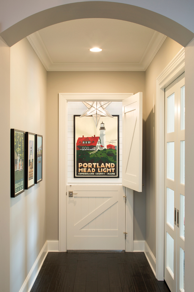 Dutch Door, Interior Dutch Door, Dutch Door to mudroom, Wall paint color is Benjamin Moore Silver Chain and Dutch Door and trim paint color is Benjamin Moore White Dove #DutchDoor Grace Hill Design