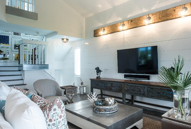 Family room, Family room with Wood Beams Olde Wood Beam /Driftwood Natural Color/ Exposed hardware Reclaimed Walnut Joist material Waterview Kitchens