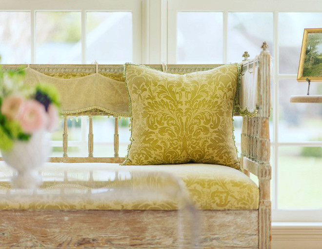 Family room bench. Bench. Antique bench from Tara Shaw and fabric from Fortuny. #Bench Home Bunch's Beautiful Homes of Instagram @loveyourperch