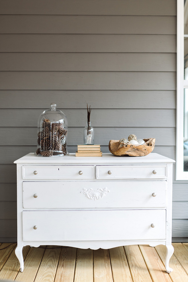 Farmhouse porch with vintage dresser, Farmhouse front porch with vintage dresser painted in white #Farmhouseporch #porch #vintagedresser Beautiful Homes of Instagram @thegraycottage