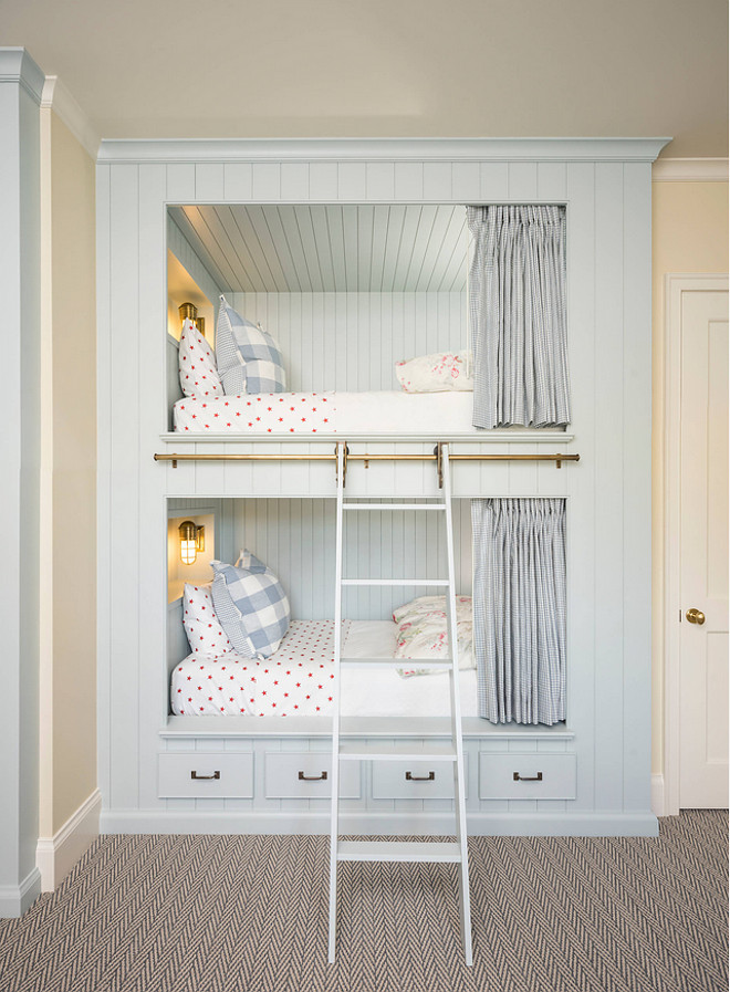 Farrow and Ball Borrowed Light. Farrow and Ball Borrowed Light. Light blue gray bunk beds and shiplap painted in Farrow and Ball Borrowed Light. #FarrowandBallBorrowedLight