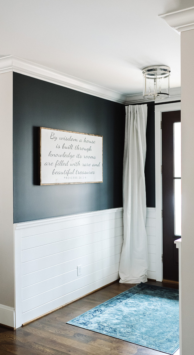 Half wall shiplap. Foyer with half wall shiplap paneling. Half wall shiplap. Half wall shiplap #Halfwallshiplap #shiplap #shiplappaneling #paneling Beautiful Homes of Instagram @thegraycottage