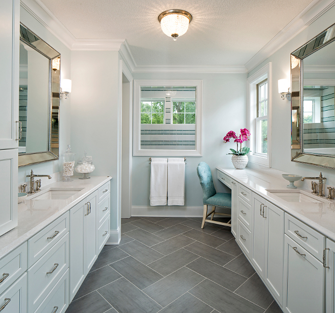 Herringbone bathroom flooring. Bathroom flooring is Bluestone laid in a herringbone pattern #Bluestone #herringbonetile #herringbonepattern Grace Hill Design
