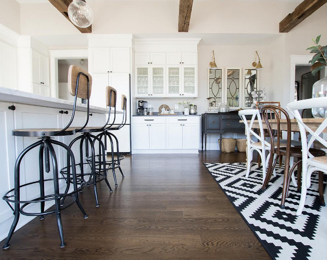 Kitchen Flooring. Kitchen Hardwood Flooring and Kitchen Industrial Stools. Flooring is 4” White Oak, stained Espresso Farmhouse kitchen with hardwood flooring and kitchen indutrial stools. #KitchenFlooring #Industrialstools Beautiful Homes of Instagram @greensprucedesigns