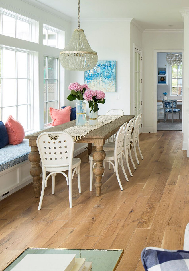 Kitchen Nook Banquette. Kitchen Nook Banquette. The dinette bench cushion fabric is French Blue Zig Zag by Quadrille Fabrics. Table is from Dovetail. Kitchen Nook Banquette. Kitchen Nook Banquette #KitchenNookBanquette #KitchenNook #Banquette Martha O'Hara Interiors. John Kraemer & Sons