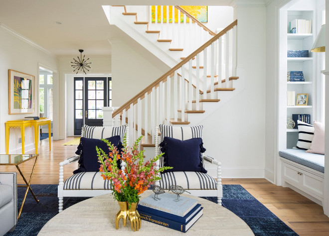 Living room color palette. Living room color palette of whites, blues, navy and yellow. Living room color palette ideas. #Livingroom #colorpalette Martha O'Hara Interiors. John Kraemer & Sons