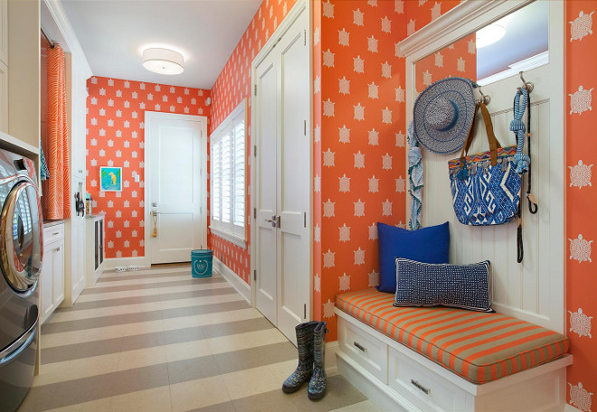 Mudroom Laundry Room, Combination of mudroom and laundry room with wallpaper and low maintenance flooring #mudroom #laundryroom, The flooring is Marmoleum tile #lowmaintenanceflooring #Marmoleumtile Lucy Interior Design Spacecrafting Photography