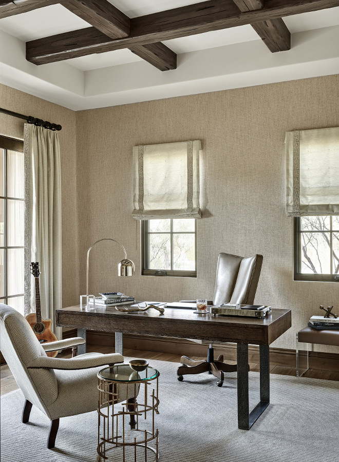 Neutral home office with grasscloth wallpaper and stained coffered ceiling beams #Neutralhomeoffice #homeoffice #grassclothwallpaper #stainedcofferedceilingbeams #cofferedceilingbeams Kim Scodro Interiors