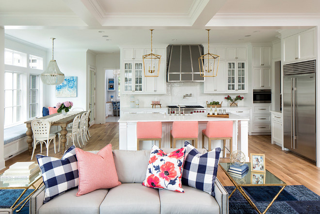 Open concept kitchen living room color scheme, Open concept kitchen living room color scheme with navy blue and soft pink. Open concept kitchen living room color scheme ideas #Openconcept #kitchen #livingroom #colorscheme Martha O'Hara Interiors. John Kraemer & Sons