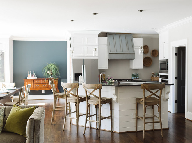 Open kitchen design, Open kitchens, Kitchen island: 13ft overall (island is angled and seats 4, we added tongue/groove planks to increase durability on front of island. Open farmhouse kitchen design #openfarmhousekitchen Beautiful Homes of Instagram @thegraycottage