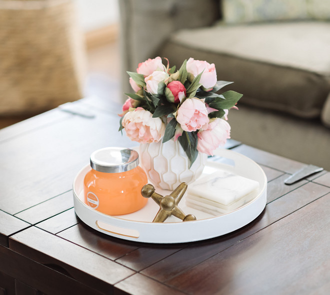 Pink Peonies Coffee Table Decor, Pink Peonies Coffee Table, Pink Peonies Coffee Table Decor #PinkPeonies #CoffeeTable CoffeeTableDecor Beautiful Homes of Instagram @thegraycottage