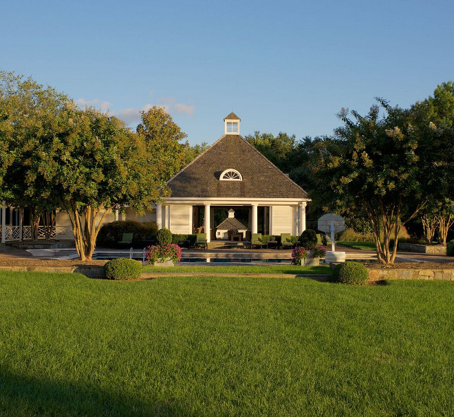 Pool House. Pool House The exterior paint color is BM Ivory White #PoolHouse #Pool #BMIvoryWhite Home Bunch's Beautiful Homes of Instagram @loveyourperch