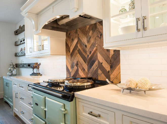 Reclaimed Wood Herringbone Backsplash. The wood behind the Aga range is reclaimed boat wood in a herringbone pattern. Reclaimed Wood Herringbone Backsplash Ideas. Reclaimed Wood Herringbone Backsplash. Reclaimed Wood Kitchen Backsplash #ReclaimedWoodBacksplash #HerringboneBacksplash #Herringbone #WoodHerringbone Waterview Kitchens