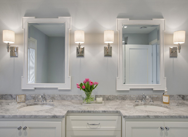 Sherwin Williams SW 6246 North Star. Grey bathroom paint color Sherwin Williams SW 6246 North Star. Grey quartzite countertop is White Fantasy Quartzite #WhiteFantasyQuartzite #GreyQuartzite #SherwinWilliamsSW6246NorthStar Revision LLC