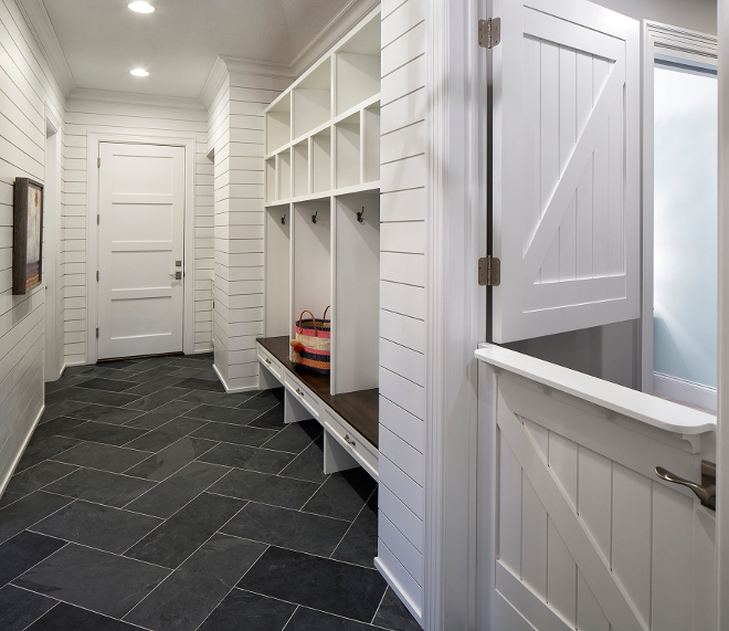 Shiplap mudroom and herringbone stone tile, Mudroom with Shiplap paneling and herringbone Bluestone tile, The mudroom feature shiplap walls and Bluestone floor tile laid in a herringbone pattern #Mudroom #Shiplap #Shiplappaneling #paneling #herringbone #Bluestone #tile Grace Hill Design