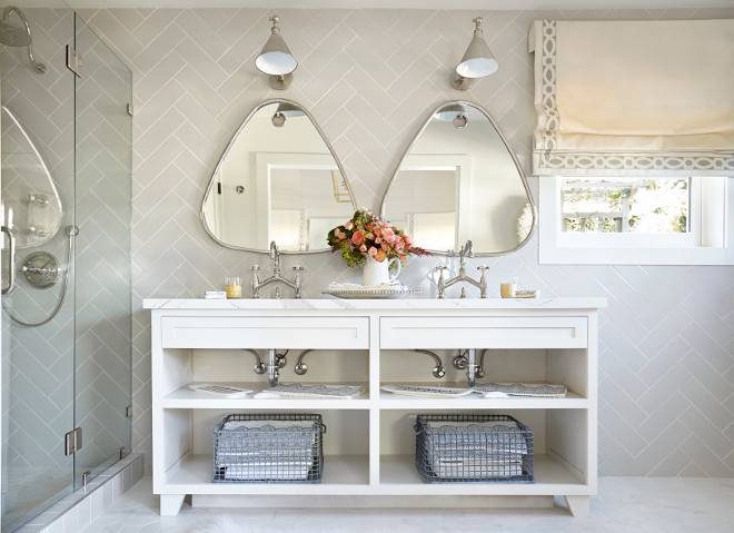 Soft gray wall tile in a herringbone pattern. The wall tile is by Crossville, The designer set this soft gray wall tile in a herringbone pattern Soft gray wall subway tile in a herringbone pattern. Gray wall subway tile in a herringbone pattern #Softgraywalltile #Walltile #herringbonepattern #Softgraytile #softgraysubwaytile Kim Scodro Interiors. Michelle Drewes Photography