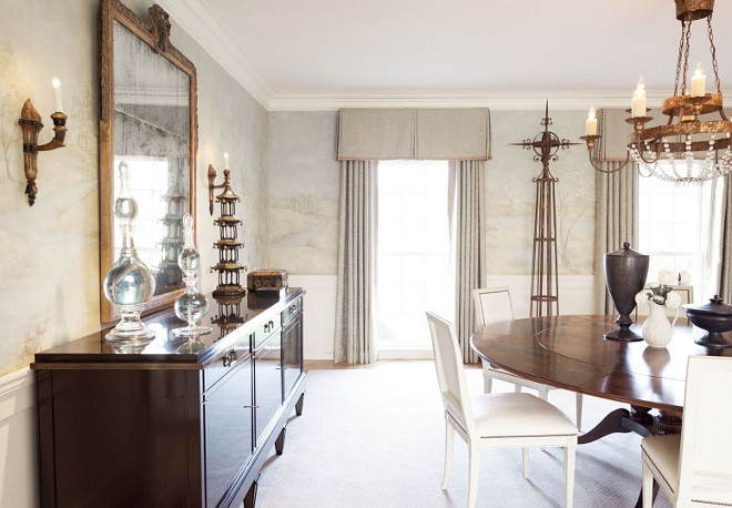 Traditional Dining room. Traditional Dining room design. What a timeless dining room! Everything feels special in this space. Sconces are from John Rosselli, mirror, pagoda, chandelier and sideboard are from Niermann Weeks, chinoiserie box and plates are antiques. Carpet is Stark and the dining table is an antique. The chairs are from Hickory Chair. Traditional Dining room #TraditionalDiningroom Home Bunch's Beautiful Homes of Instagram @loveyourperch