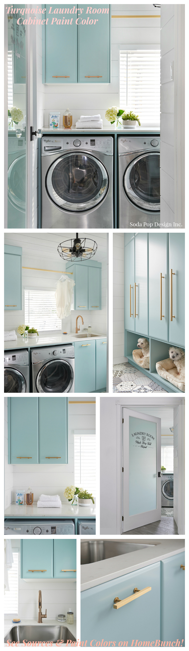 Turquoise Laundry Room Cabinet Paint Color. See Sources and Paint Color on Home Bunch