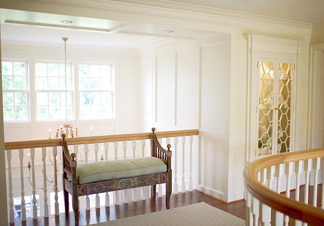 Upstairs Landing Paint is Benjamin Moore Ivory White 925, hardware is P.E. Guerin, bench is from Amy Howard Collection. #UpstairsLanding Home Bunch's Beautiful Homes of Instagram @loveyourperch