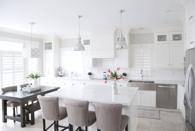 White and grey kitchen. White kitchen with Ikea cabinets and grey wall paint color. Grey wall paint color is Sherwin Williams Agreeable Grey. Trim paint color is Benjamin Moore Swiss Coffee #SherwinWilliamsAgreeableGrey #BenjaminMooreSwissCoffee Interiors by Alita Malinowski. Instagram @life_with_alita