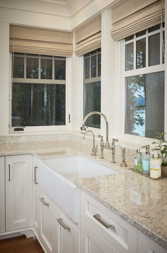 White granite countertop. Countertop is a durable white granite. Kitchen features a durable white granite countertop and kitchen faucet by Rohl. White granite countertop #Whitegranitecountertop #kitchenWhitegranitecountertop Dwellings