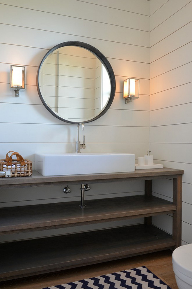 Bathroom with shiplap walls and custom open oak vanity. Bathroom with shiplap walls and custom open oak vanity. Bathroom with shiplap walls and custom open oak vanity. Bathroom with shiplap walls and custom open oak vanity #Bathroom #shiplap #shiplapwalls #openoakvanity #openvanity Munger Interiors