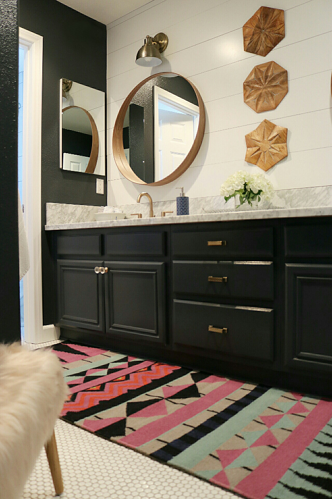 Broadway by Behr-The cabinet and wall color are Broadway by Behr and the bathroom runner is from Rugs USA- Broadway by Behr #BroadwaybyBehr Beautiful Homes of Instagram @house.becomes.home