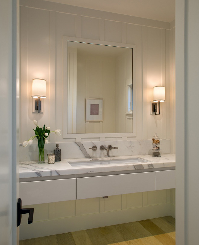 Board and Batten Bathroom with Wall Mounted Vanity, Gorgeous bathroom with board and batten walls and a large wall mounted vanity with white marble countertop #WallMountedVanity #Boardandbatten #Boardandbatten #Bathroom Christian Rice Architects, Inc. McCormick & Wright