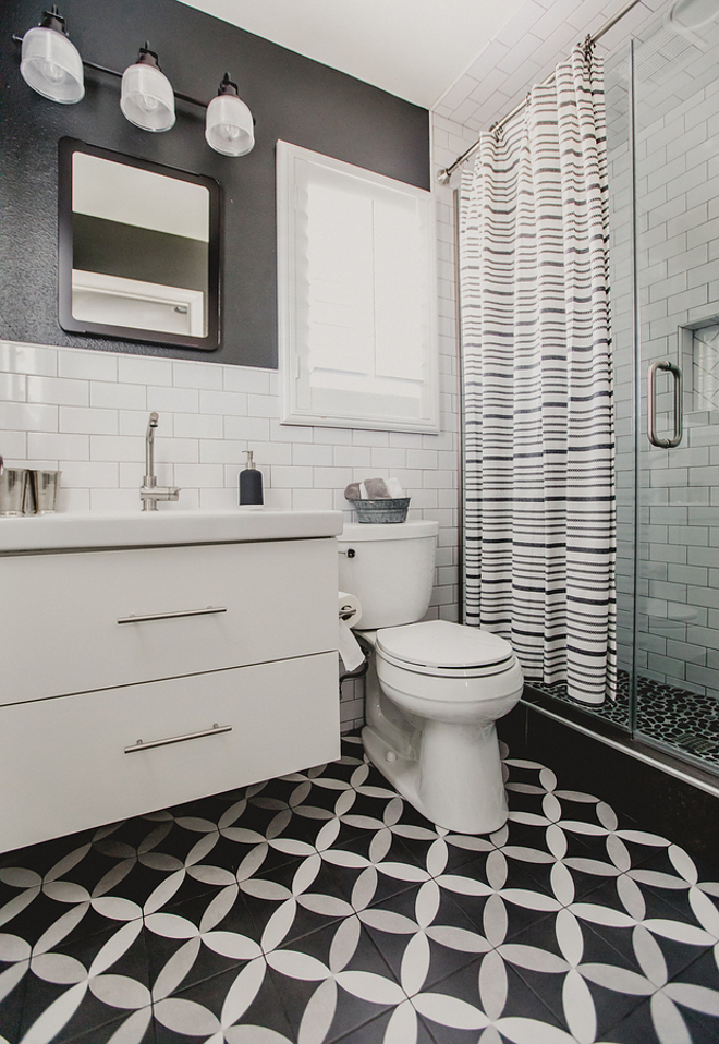 Boys bathroom. Boys Bathroom Design Ideas. I wanted this bathroom to feel masculine and be a space that my son wouldn’t outgrow. Flooring is Twenties Petal by Merola tile from Home Depot online and paint color is Broadway by Behr. #Boysbathroom #BoysbathroomDesign #BoysbathroomDesignideas Beautiful Homes of Instagram @house.becomes.home