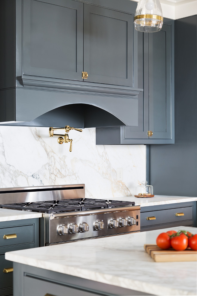 Brass Hardware. Kichen with brass hardware. Navy Grey Kitchen cabinets with brass cabinet hardware. The brass cabinet hardware is from the Martha Stewart line from Home Depot. #brasshardware #kitchenbrasshardware #kitchen #brass #hardware Willow Homes