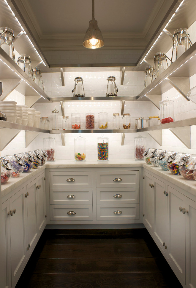 Candy Room- Everyone needs a candy room, right? If not, this would be a perfect pantry. The cabinets in this room are painted Benjamin Moore Titanium OC-49. The cabinet style is inset / no bead and it's a classic frame, flat panel. Candy Pantry Pantry #Pantry #Candyroom East End Country Kitchens