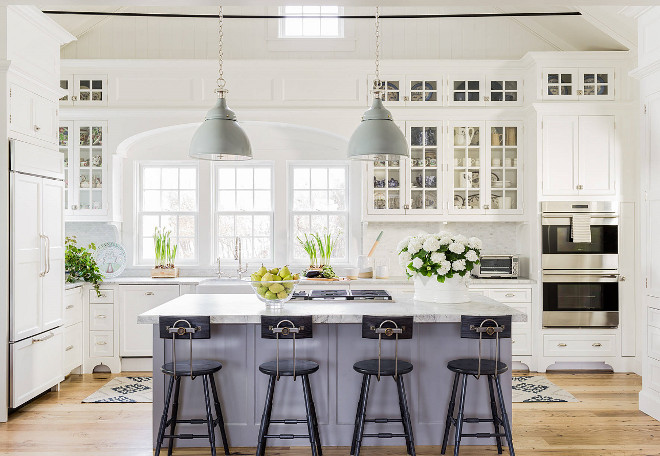 Classic American Kitchen, This classic coastal kitchen features a fresh color palette with soft grays and off-white cabinets and walls. Although sophisticated, this kitchen feels warm and family-friendly. Classic American Kitchen Design, Classic American Kitchen Design Ideas, Classic American Kitchen #ClassicAmericanKitchen #ClassicAmericanKitchenDesign Nancy Serafini Interior Design